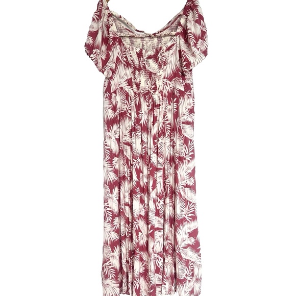 Torrid Pink Cream Leaf Print Maxi Dress ~Sz 2 = 2X ~ Smocked Bodice Off Shoulder - Picture 3 of 13